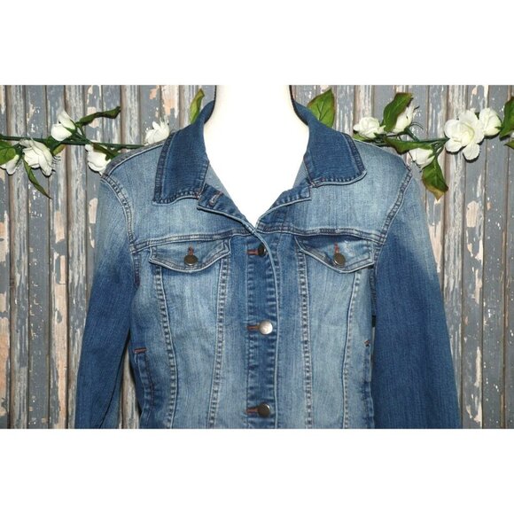 Papaya Ladies Denim Jean Jacket Size L Blue Classic Y2k Pockets Stretch Casual - Picture 2 of 9
